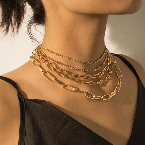 **Multi Layered Gold Chain Clavicle Punk Link Choker Necklace - Picture 2 of 8